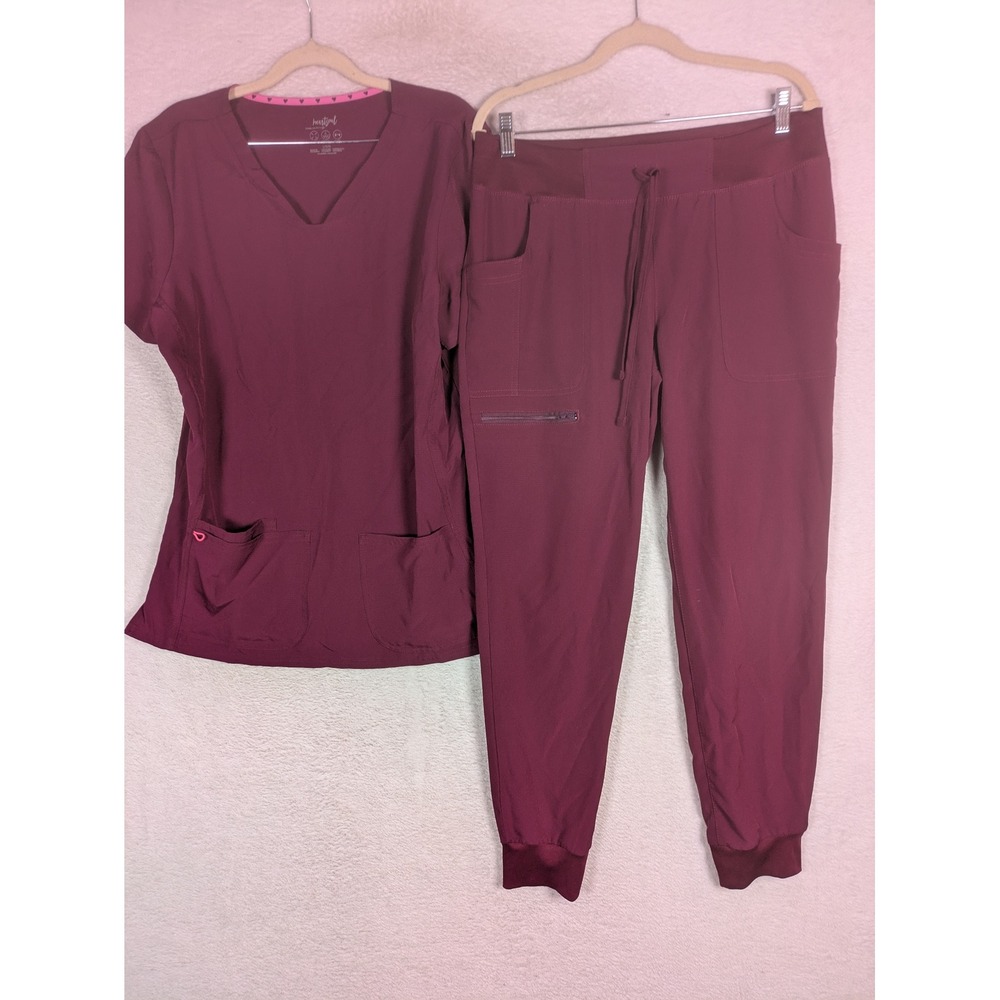 Heartsoul Scrub Set Women's L/M Wine V-Neck Top Jogger Pants Break On Through